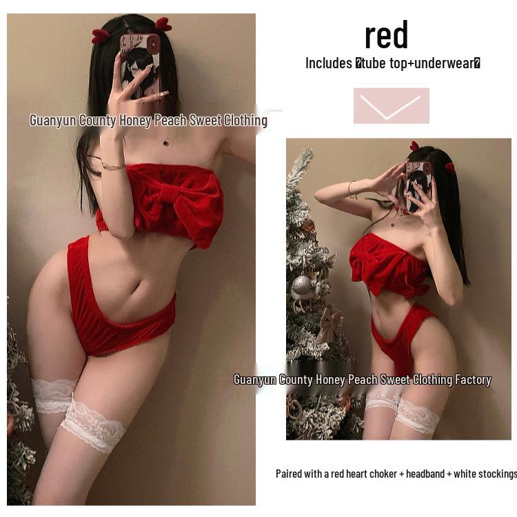 Christmas Red Lingerie Set - Sexy Bow Bandeau & Panties 