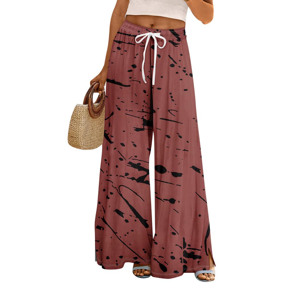 Women Summer Boho Palazzo Pants High Waist Wide Leg Floral Printing Casual Trousers With Pockets