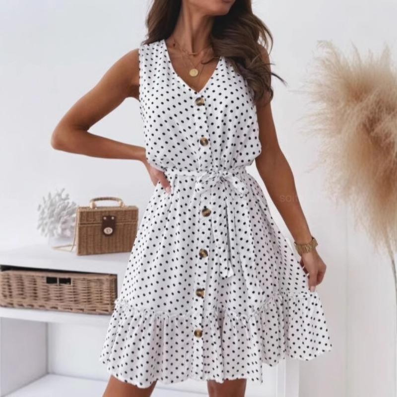 Ruffle Hem Dress Breathable Women Casual V Neck Holiday Loose Dress