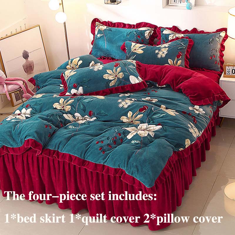Утолщенный молочный бархат, четырехсекционная юбка-кровать, пододеяльник, наволочка, плюс бархатное тепло, двухсторонний пододеяльник, комплект, стиль принцессы, знаменитости