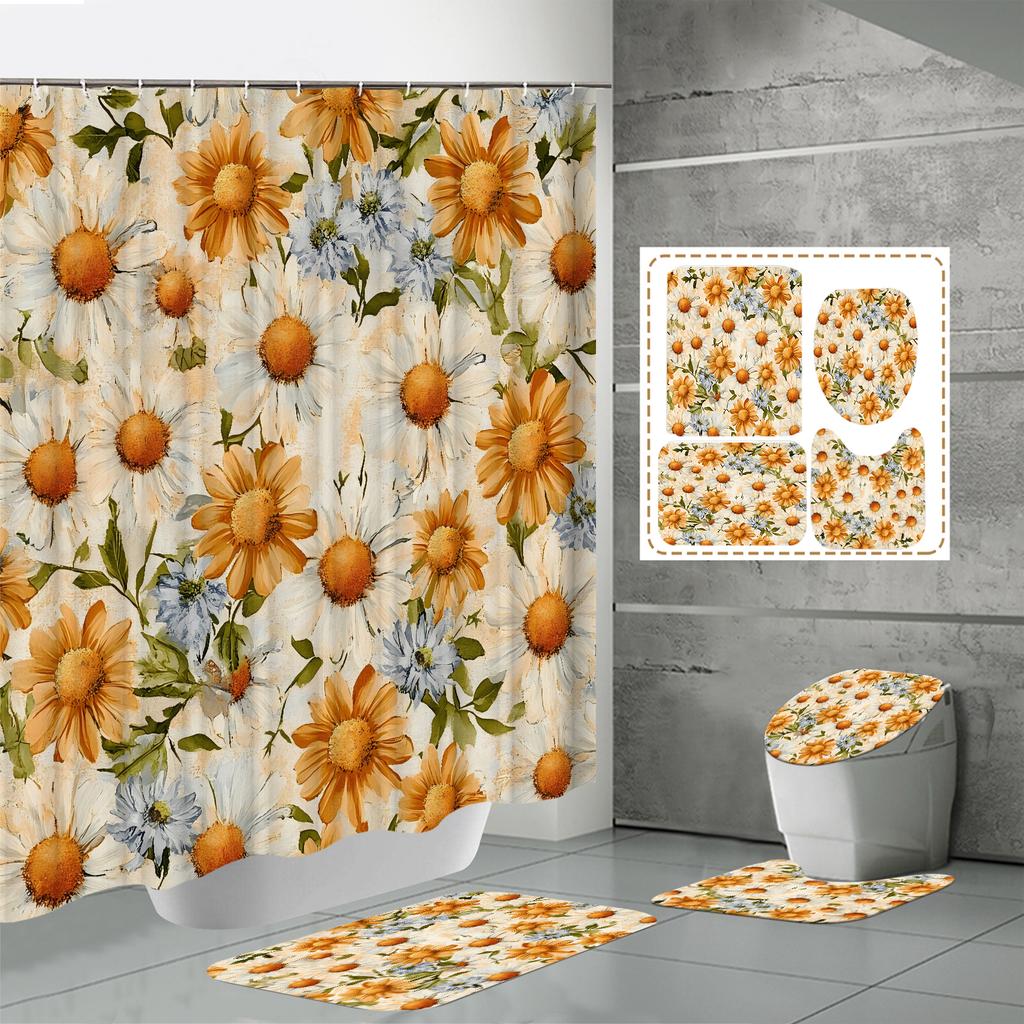 4 ШТ. Наборы штор для душа со шторкой для душа и ковриками, коврик для крышки унитаза, U-образный коврик и коврик для ванной, набор для ванной комнаты с 12 крючками