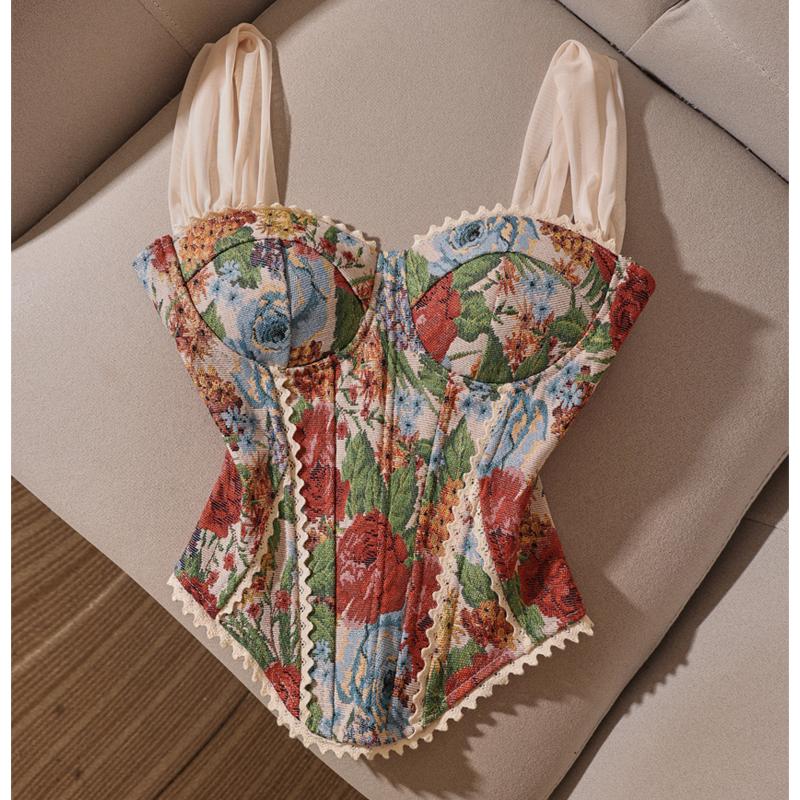 Трендовый ретро французский жаккардовый корсетный жилет без бретелей