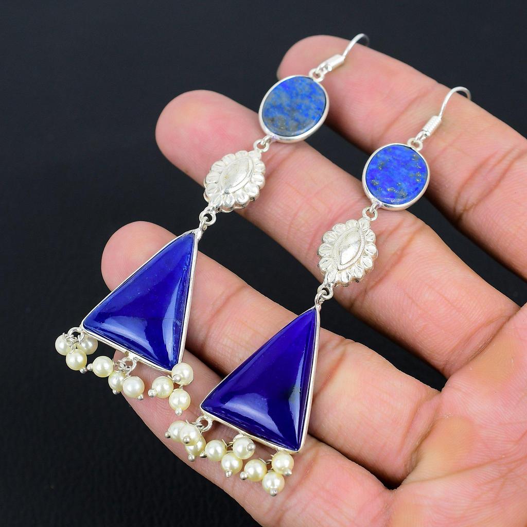 Natural Lapis Lazuli 925 Sterling Silver Wife Handmade Dangling Earrings Jewelry