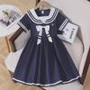 Летнее платье для девочек в стиле колледжа с темно-синим воротником - с короткими рукавами, легкое