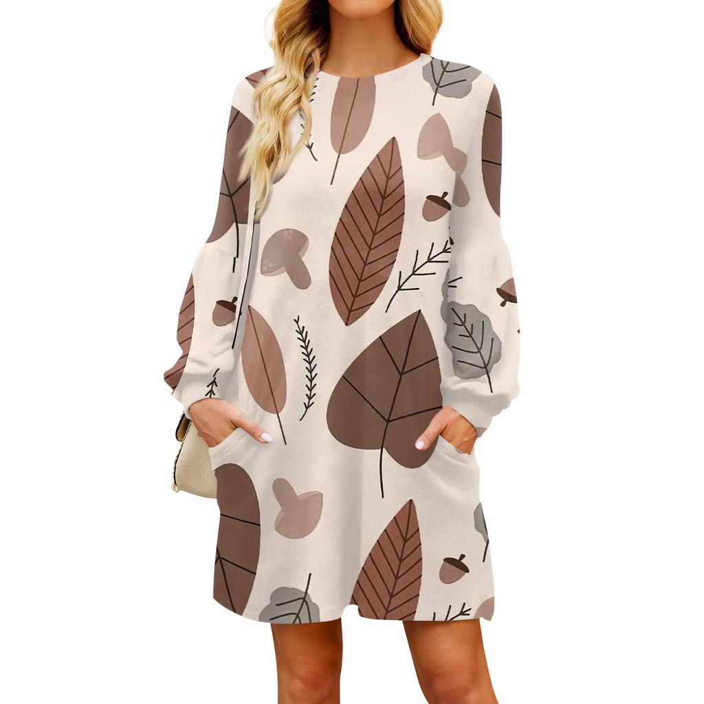 Модное женское осеннее повседневное свободное платье с длинным рукавом и цветочным принтом
