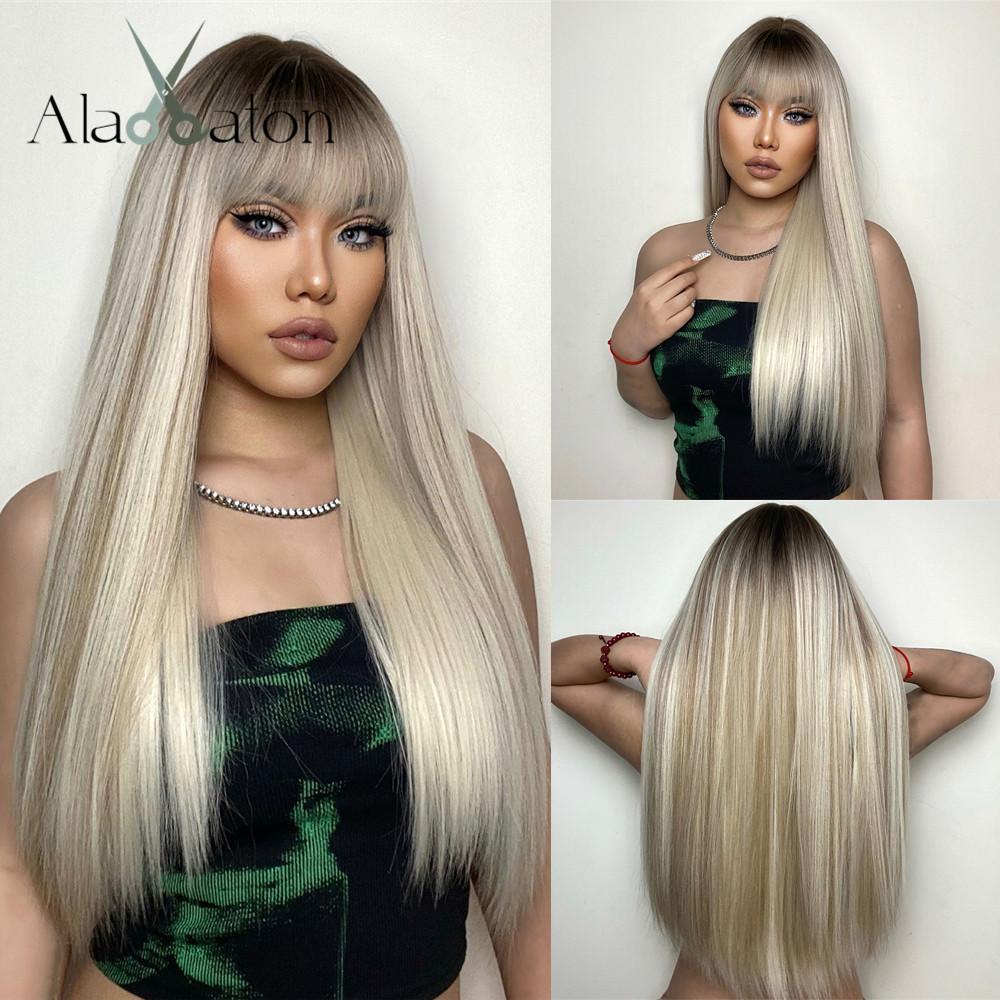 ALAN EATON Long Synthetic Fashion Wig for Women Blonde Platinum Hair Wigs Heat Resistant Fiber Wigs Full Hair Wigs