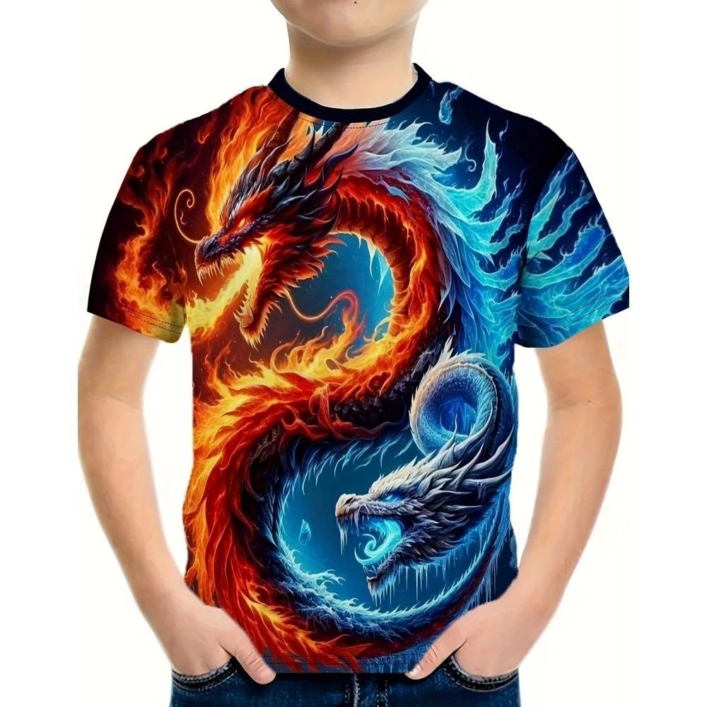 Children's Dragon Graphic 3D Digital Printed Boys' Fashion and Comfortable Round Neck Short Sleeved T-shirt