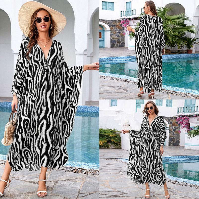 European & American Cotton Print Plus Size Loose Beach Dress Cover-Up for Women