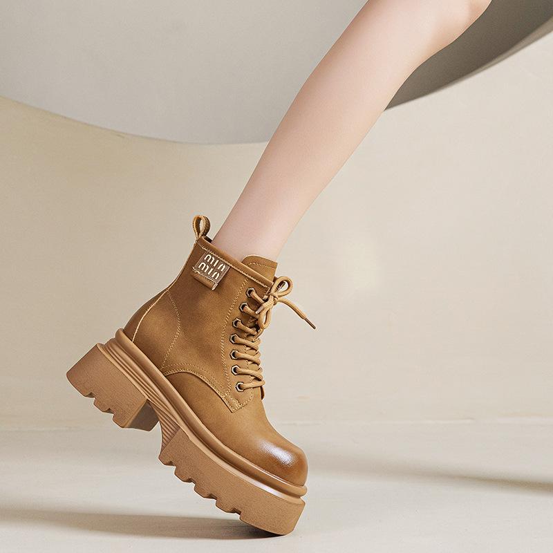 Thick-soled Leather Martin Boots Women's British Style 2025 New Small Height-increasing Brown Short Boots Autumn and Winter All-match Boots