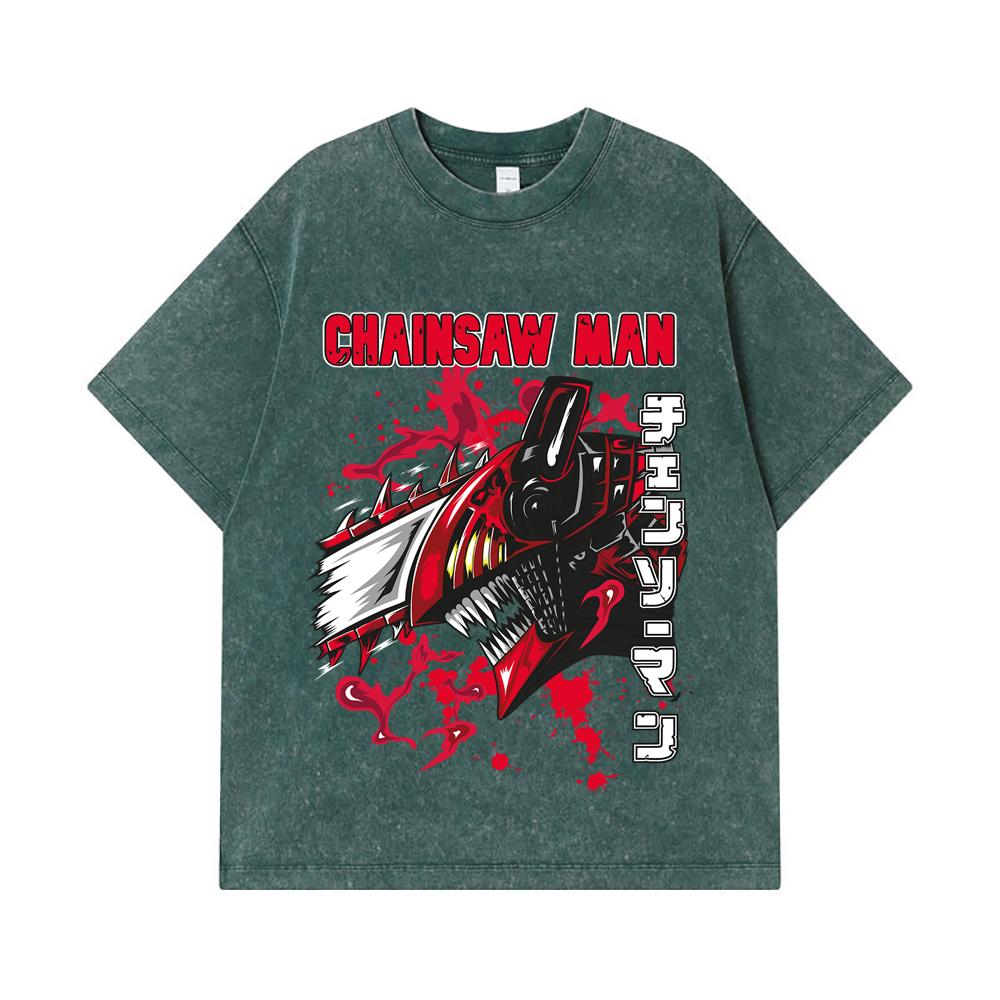 275 GSM Washed T-shirts 100% Cotton Chainsaw Man V47 Denji Print Unisex Heavy Cotton T Shirt