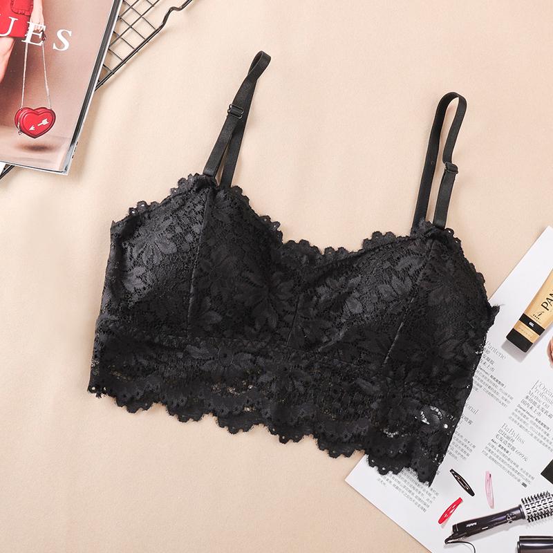 Women Black Lace Floral Trim Bralette Crop Top Push Up Bra Underwear Lingerie