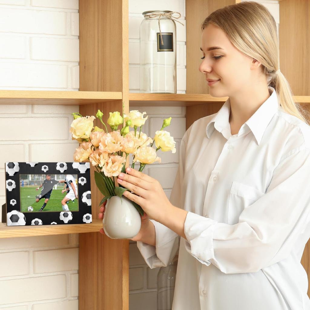 Soccer Balls Wooden Picture Frame, Birthday Gifts for Team Players Coach Brother Friends, Black and White Soccer Picture Frame Fits 4x6 Inch Photo,