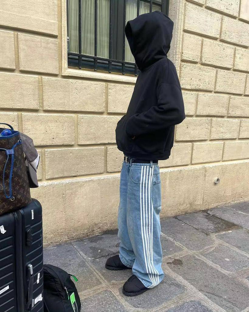 Unisex Streetwear Jeans Y2K Denim Pants Hip Hop Retro Striped Embroidered Baggy Jeans Mens Womens High Waist Wide Leg Trousers