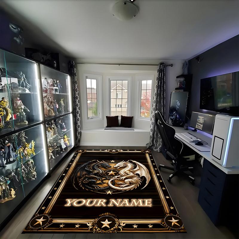 1PC Custom Name Golden Dragon Crest Theme Floor Mat Ideal for Living Room, Game Rooms, Office, Bedroom,Floor Mat Playful Design