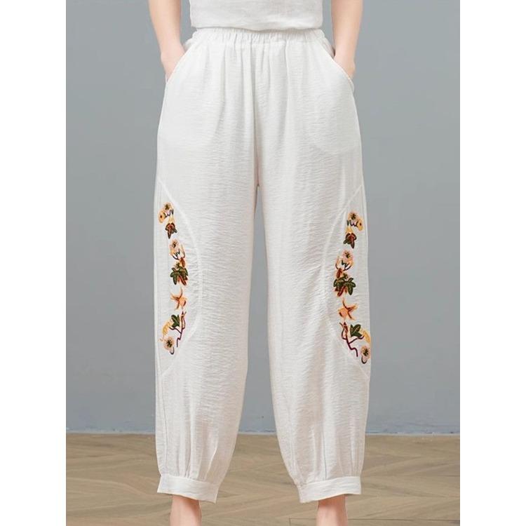 Летние женские брюки из хлопка и конопли с вышивкой из шаровары, большие свободные брюки из шаровары для людей среднего и пожилого возраста, укороченные брюки для мам