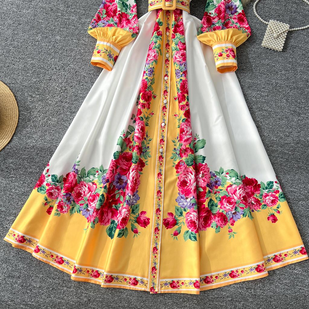 Весенние женские винтажные принты с отложным воротником, однобортная рубашка, длинные макси, праздничные пляжные платья с поясом