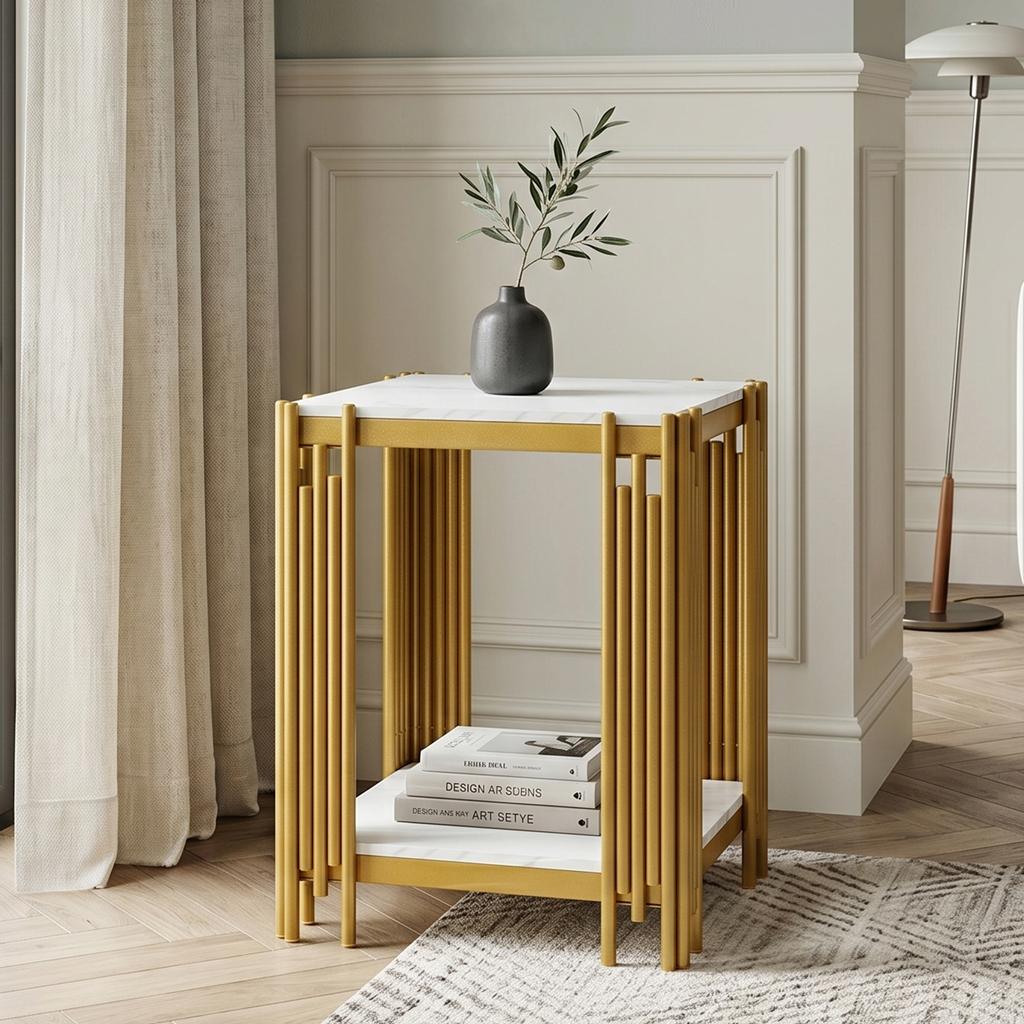Nightstand with 2 Shelves, Gold Metal Frame with Glitter Effect, Marble Look, MDF for Bedroom, Living Room and Hallway, White & Gold-H55/W43/D40 cm
