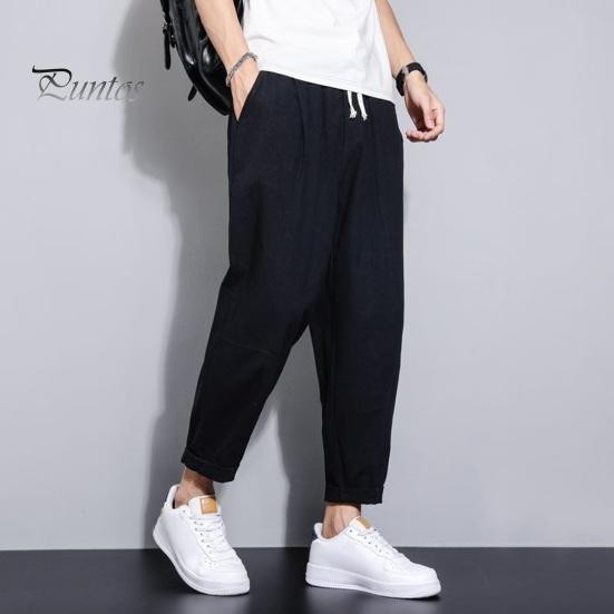Мужские девятые брюки с тонкими боковыми карманами на шнурке и эластичной резинкой на талии в японском стиле с широкими штанинами, сплошной цвет в стиле ретро, ​​спортивные штаны для тренировок в тренажерном зале, длинные брюки