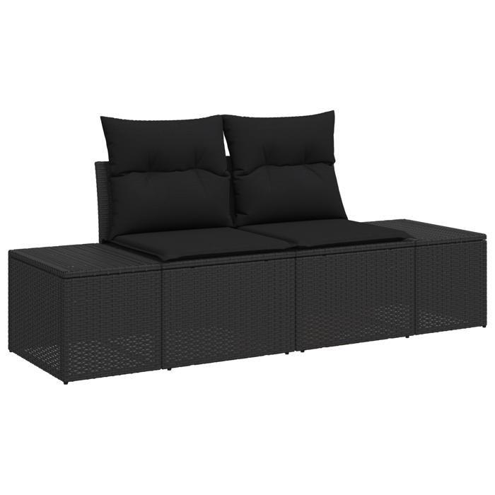 Ensemble de canapé de jardin 9 pièces avec coussins Noir Poly Rotin Acacia, Canapé de jardin 2 places avec coussins Noir 3362804