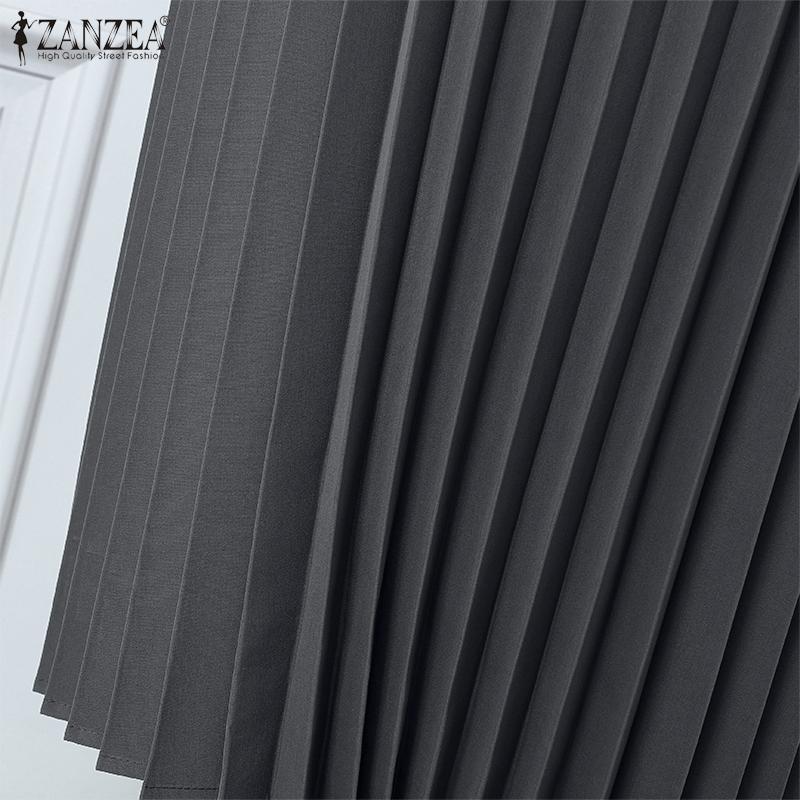 ZANZEA Женское повседневное свободное плиссированное платье с круглым вырезом и длинным рукавом