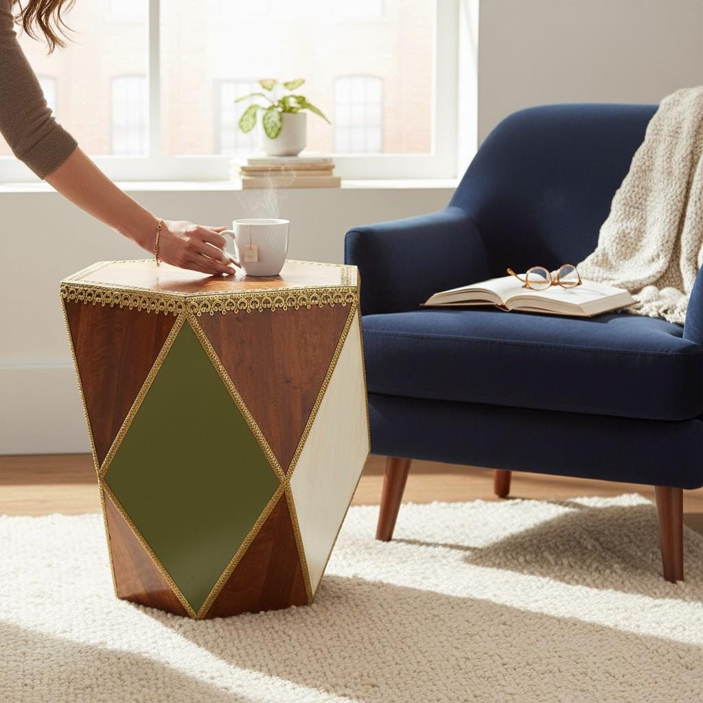 Wooden Coffee Table-India Central Home Decor Furniture-Hexagonal Side Table | Brass Inlay Accent Table | Geometric Boho End Table, Bedside