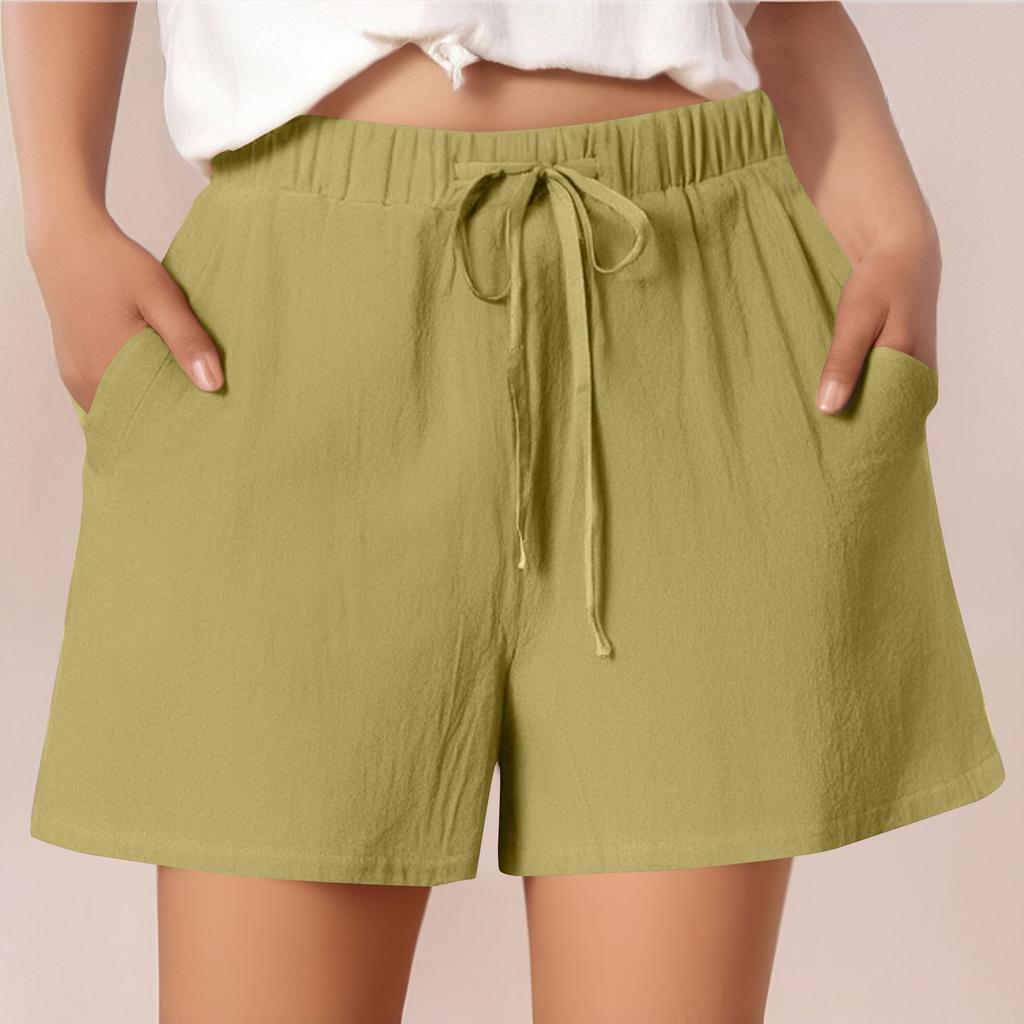 Женские повседневные хлопковые и льняные однотонные свободные шорты со шнуровкой и эластичным поясом длиной три четверти