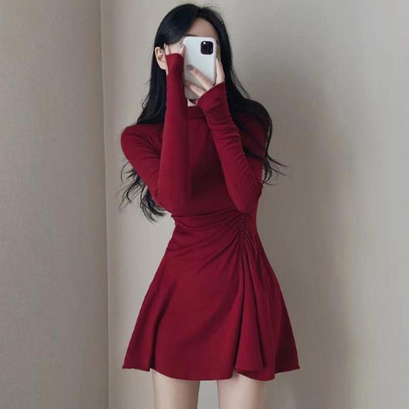 Женское платье Design Sense Folding Waist Half High Neck Long Sleeve Base Dress Slimming Short Dress