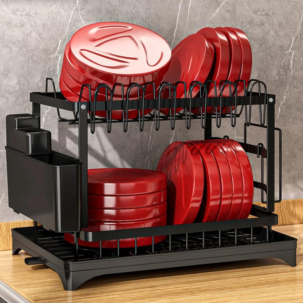 1 Set Dish Rack, 2 Tier Dish Drying Rack, Kitchen Dish Drying Rack With Drainboard And Utensil Holder For Kitchen Countertop