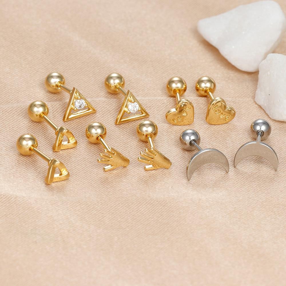 Simple Geometric Triangle Moon Small Stud Earrings For Women Fashion Stainless Steel Heart Hand Piercing Earring Punk Jewelry