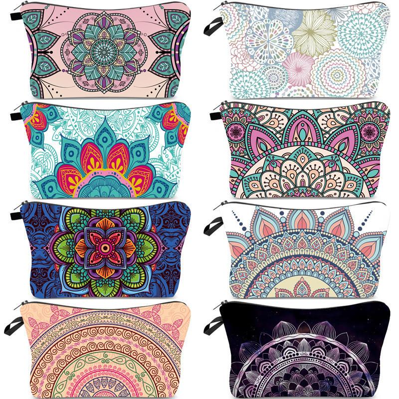 Trendy Vintage Mandala Flower Makeup Bag Handbag For Travel Polyester Lining Various Color Options