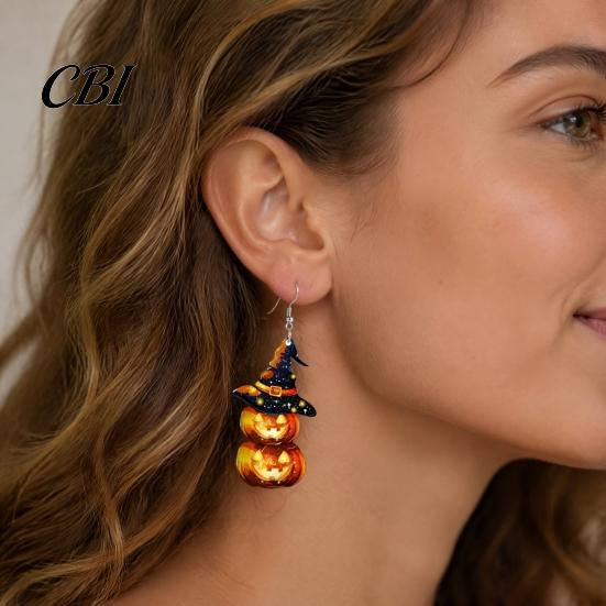 Cute Halloween Costume Jewelry 1 Pair Pumpkin Earrings for Women, 2 Stacking Lightweight Hypoallergenic Ear Hooks Drop Dangle with Witch Hat, Acrylic