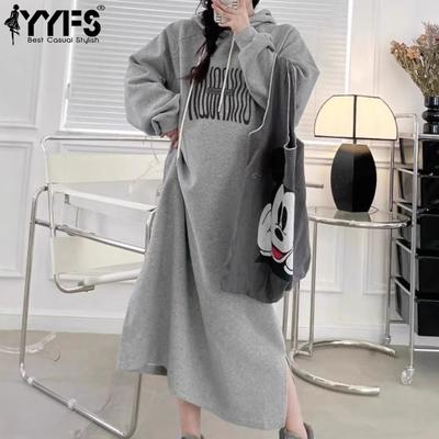 Женская мода Осень Зима Длинный рукав Капюшон Свободный крой Повседневные платья