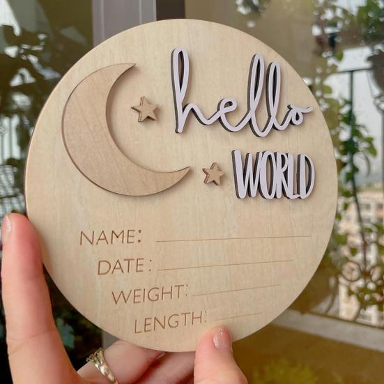 Привет, мир, новорожденный, дизайн луны и звезд, деревянная доска для объявления о рождении, табличка с именем ребенка, приветственный знак для новорожденного, декор детской комнаты, подарок на празднование рождения ребенка
