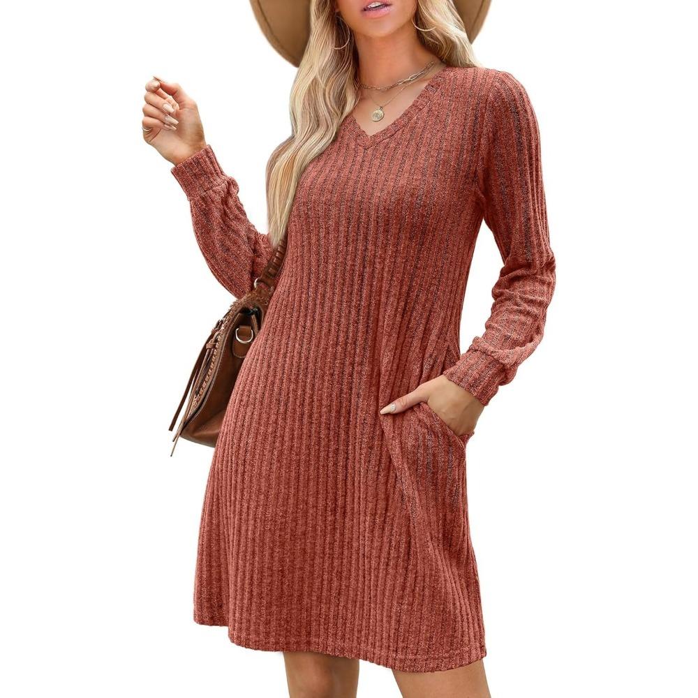 HNXC Women's Fashion Autumn Winter Solid Color Print Long Sleeve V-Neck Casual Dresses