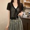 Korean Version Solid Color Temperament One Button Short Sleeved Cardigan with Summer Outfit Sweet V-neck Lace Knit Top