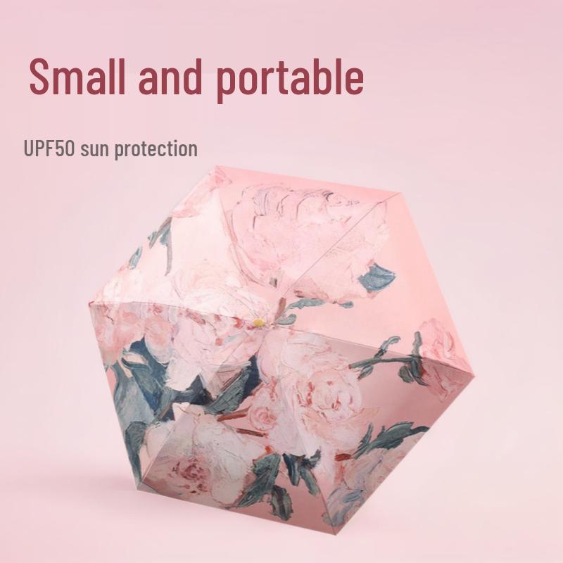 Oil Painting Capsule Umbrella: Five-Fold Mini, Sunny and Rainy Dual-Use, Sunscreen Sunshade with Print Logo