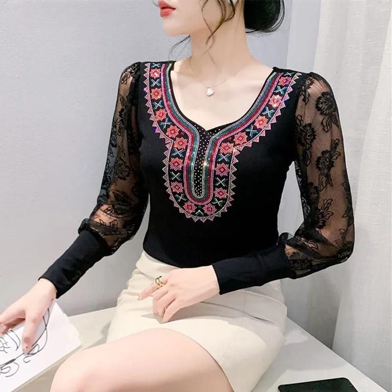 Весна Осень Европейская Одежда Женская Футболка Сексуальное Кружево Длинный Рукав Сетка Топы Шик Винтаж Роскошь Горячие Бриллианты Футболки Рубашки