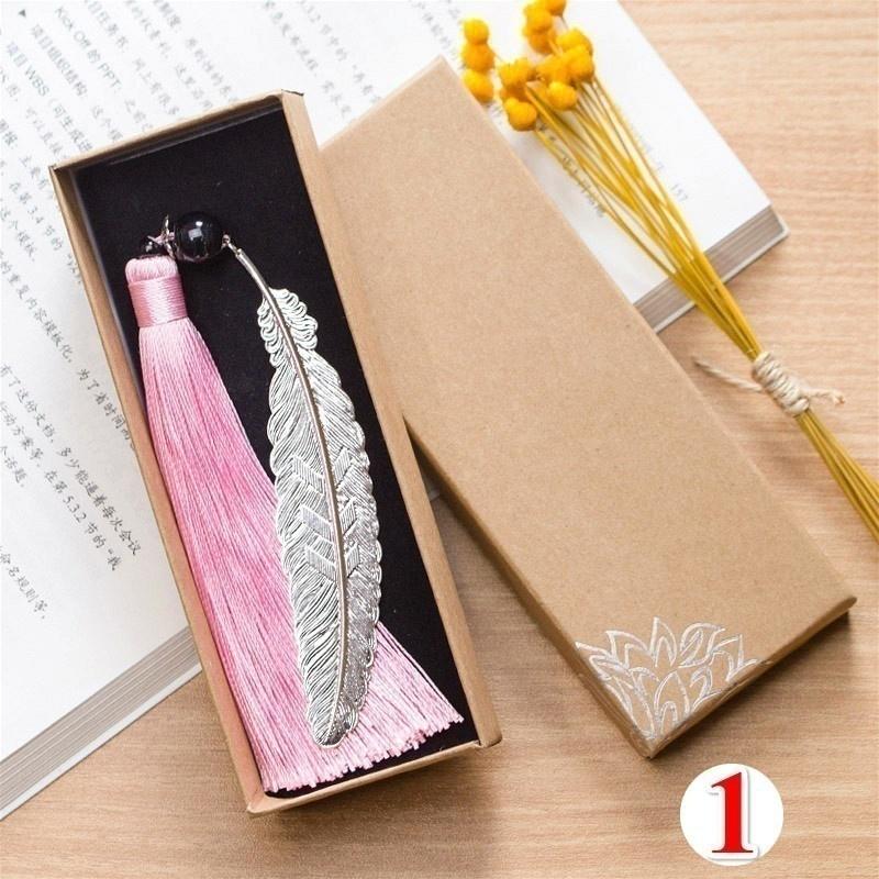 Classical Chinese Style  Metal Leaf Feather Tassel Bookmark Document Book Mark Label