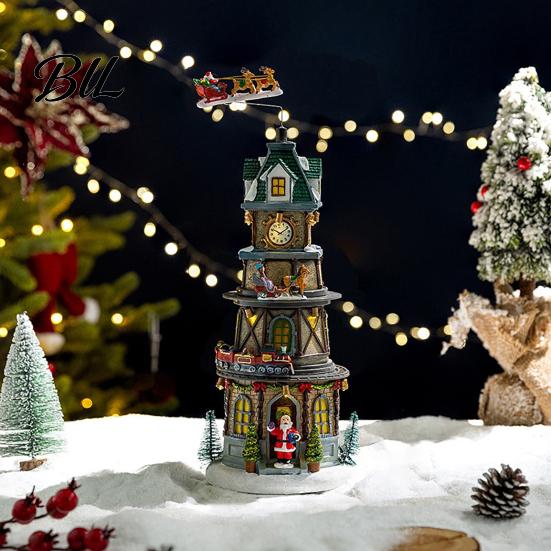 Resin Holiday Home Decor 2Pcs Christmas Train Music Box with Rotating Light, Snow Village Carousel Seasonal Accents Ornament, Battery/USB Powered