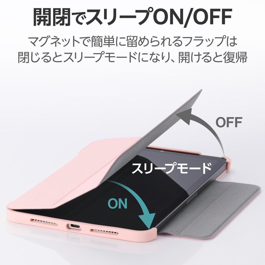 Elecom Чехол-подставка для iPad mini7 Pro mini6 6-го поколения с функцией автоматического пробуждения, мягкая кожаная задняя панель, прозрачная рамка, цвет светло-розовый (А17 2024) 2-уголный