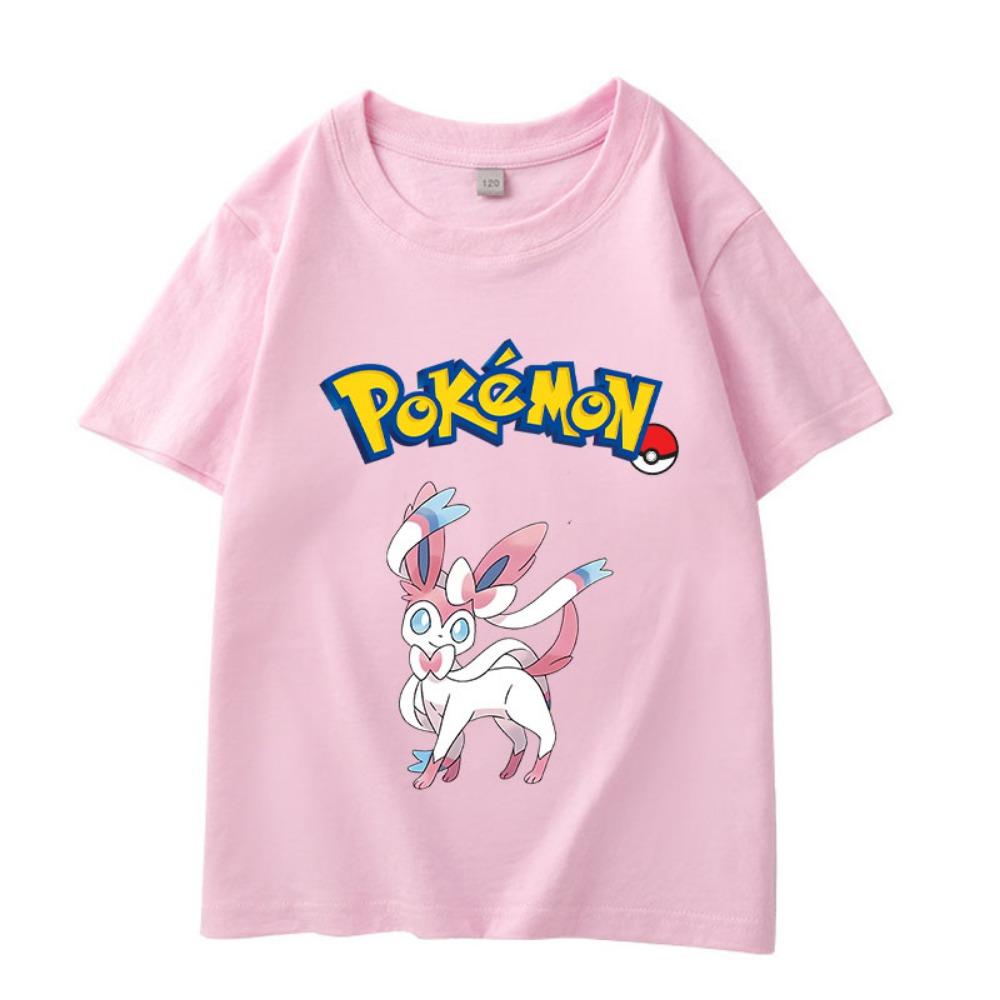 Summer children's playful Pikachu print short-sleeved casual T-shirt for boys and girls, comfortable and soft.