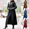 Women Autumn Winter Solid Color Faux Leather Long Slim Wind Coat Windbreaker