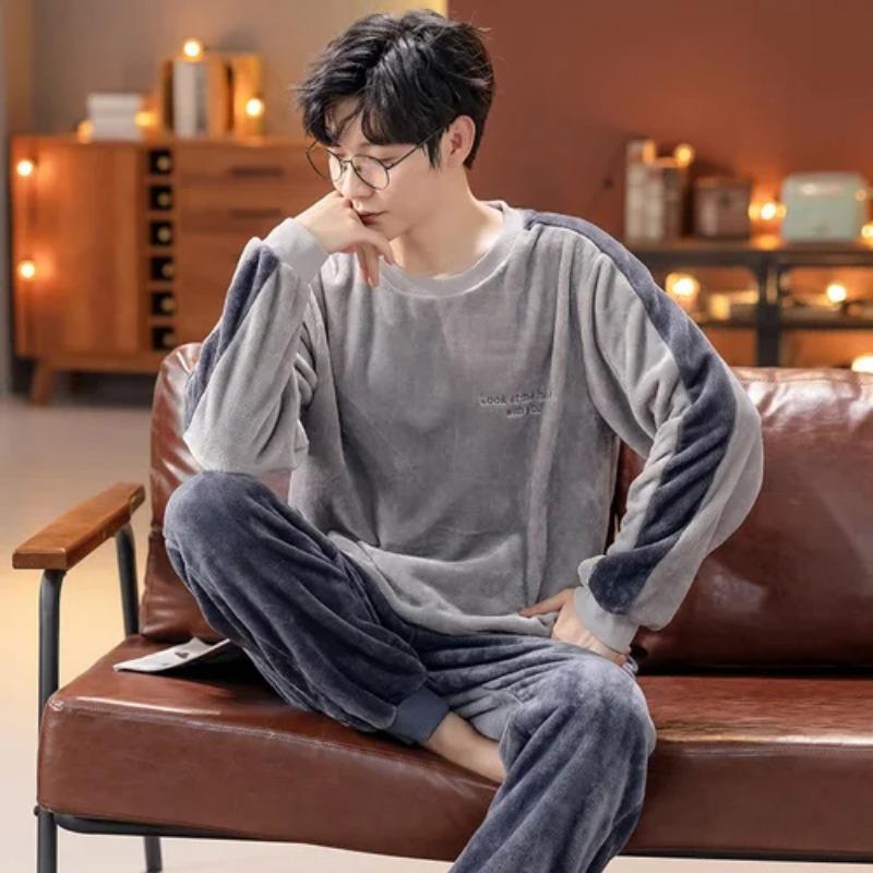 Autumn and Winter Flannel Pajamas Men's Thicken Coral Fleece Youth Student Warm Korean Pijamas Casual Loungewear
