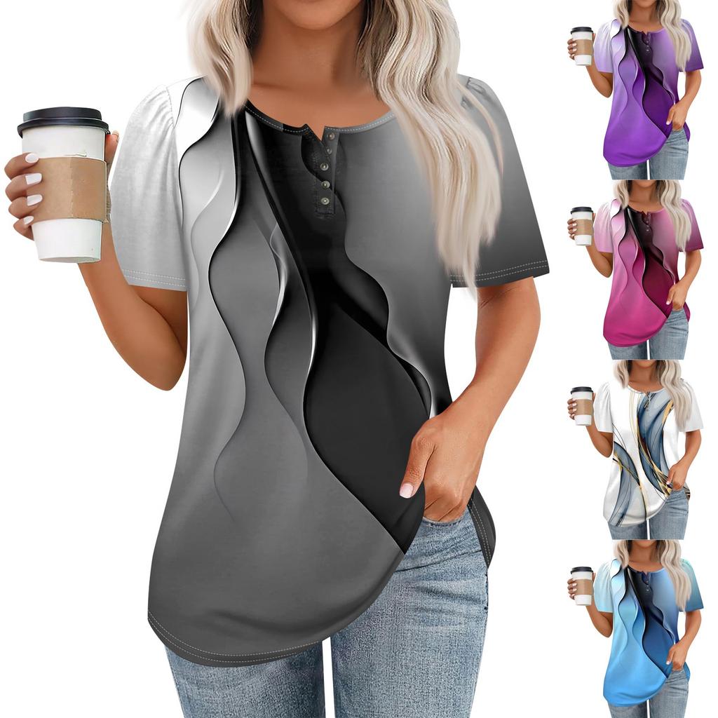 Women's Fashionable Casual Short Sleeve Button Print Round Neck Pullover Top