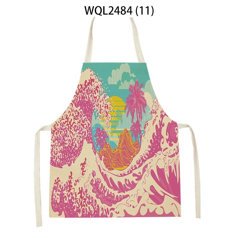 Japanese Style Kitchen Waves Sunrise Print Aprons for Women Linen Pinafore Bibs Household Cleaning Home Cooking Apron