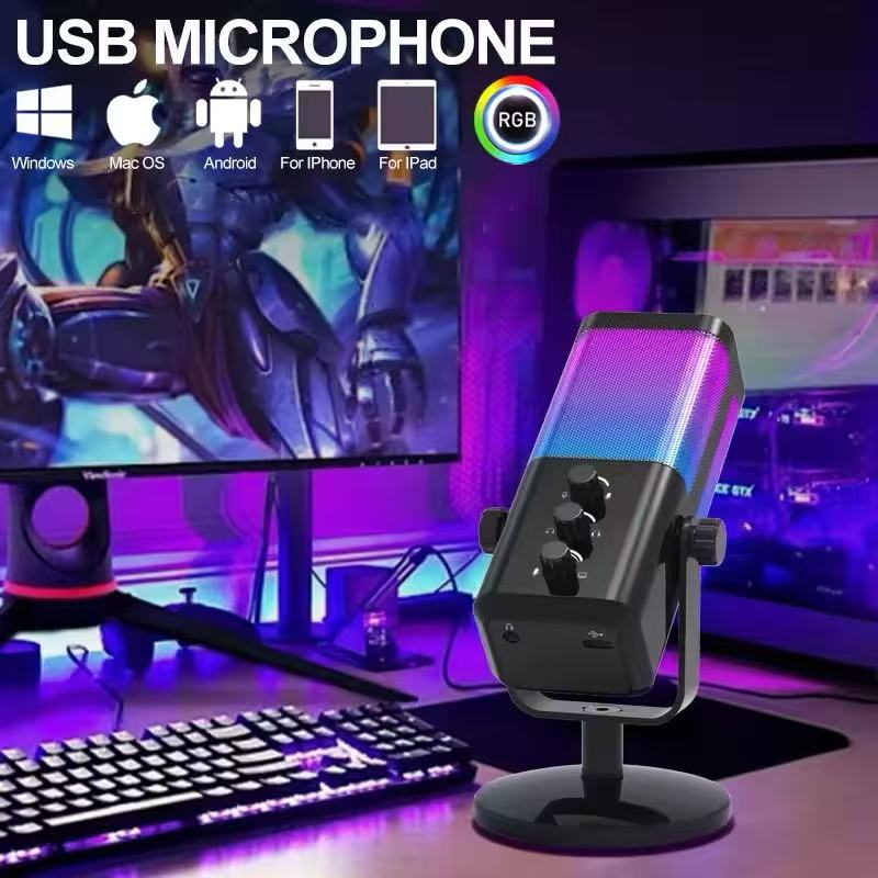 USB Игровой микрофон с балансом игрового чата, RGB конденсаторный микрофон с реверберацией/шумоподавлением/мониторингом микрофона, для стриминга