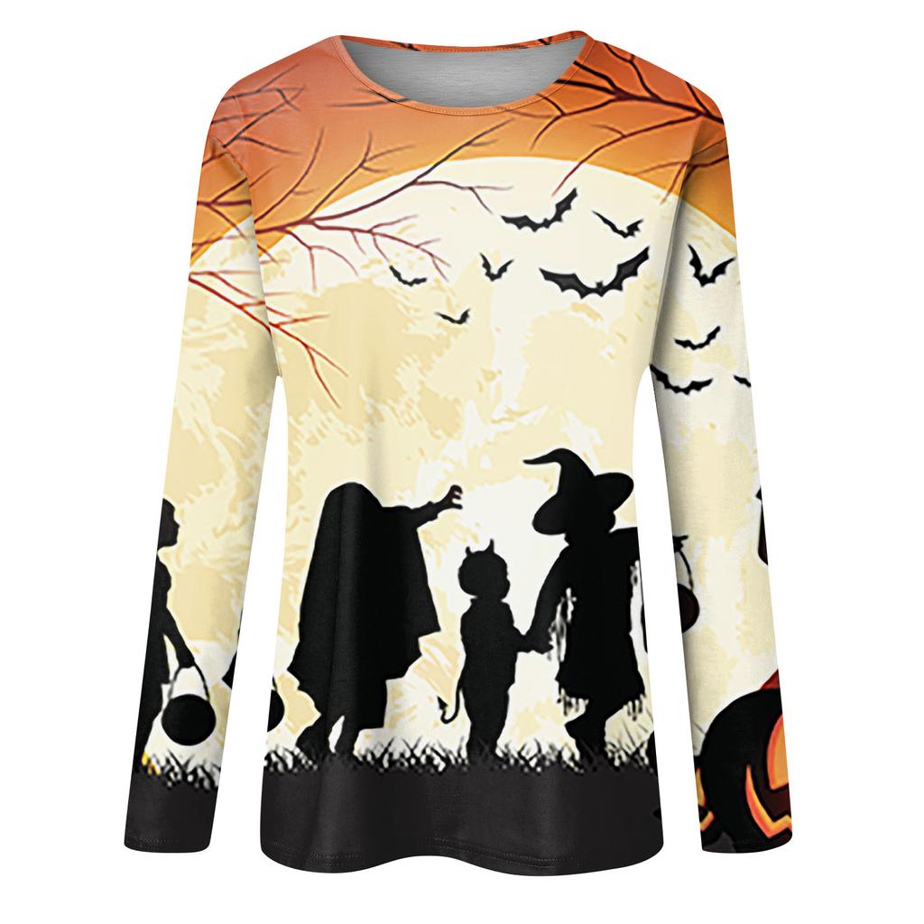 Women's Fashion Casual Long Sleeve Striped Halloween Printed Round Neck Top