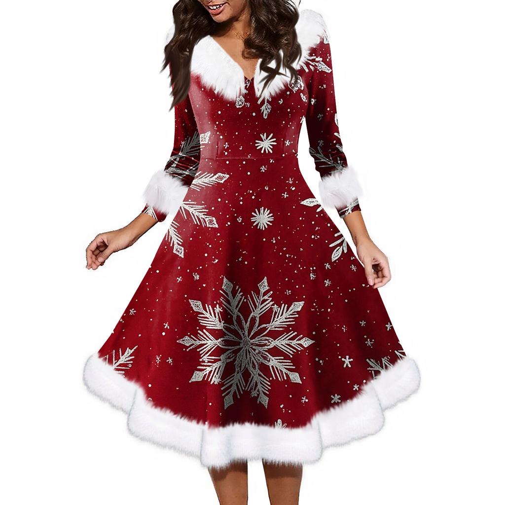Women's Fashion V-neck Casual Fit Christmas Print Party Long Sleeve Dress