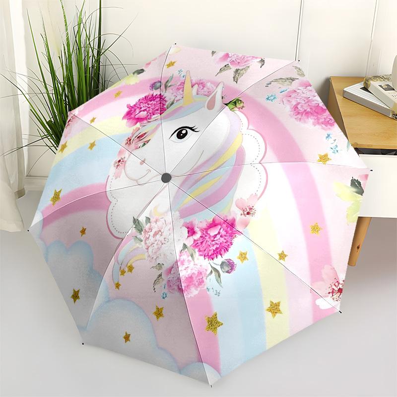 1PC Unicorn Flowers Umbrella-8-Rib Reinforced Portable Folding Travel Suitable for All Seasons Outdoor Daily -Z0488