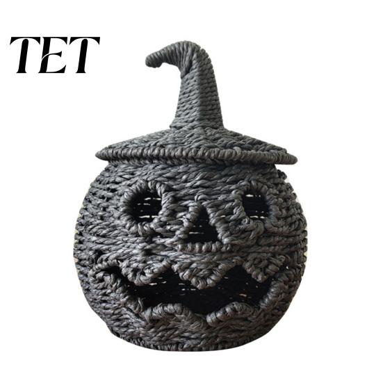 Tiered Party Setting Accessories Handwoven Pumpkin Lantern, Vintage Rustic Halloween Decor, Hollow Smile Grimace Ornament Face Storage Jar with